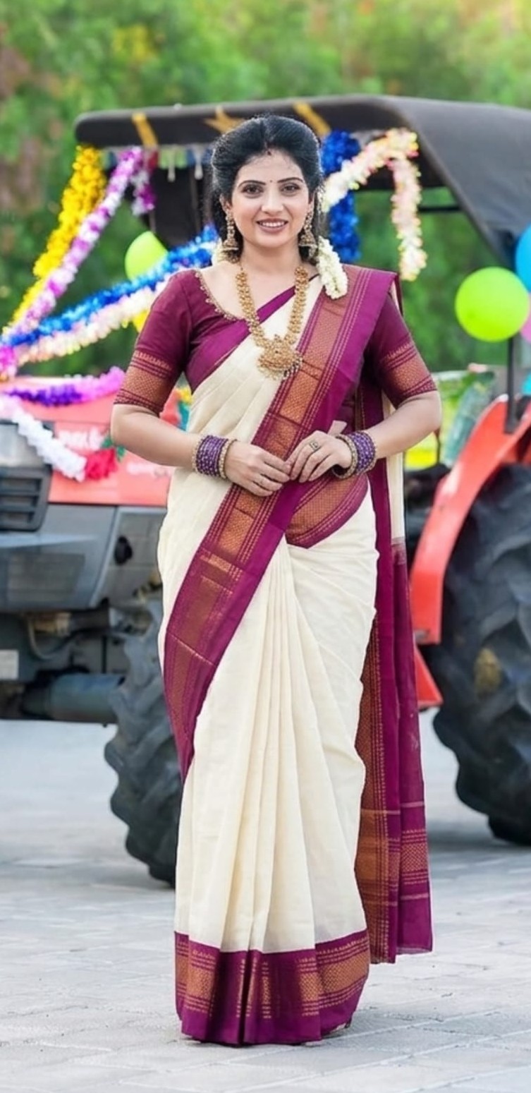 Korvai Border Silk Cotton Saree with Chit Line Pallu